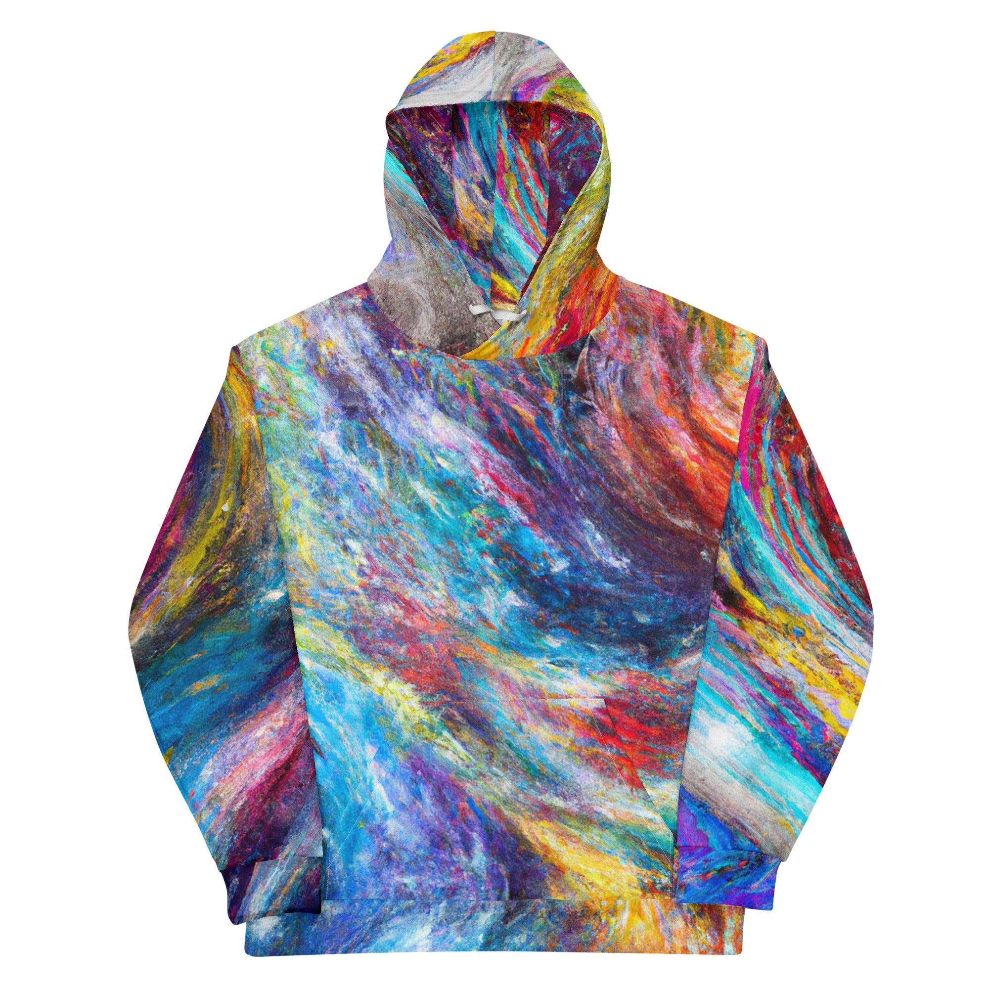 A vibrant technicolor hoodie featuring a bold blend of colors and patterns. The design showcases a kaleidoscope of hues, creating a dynamic and eye-catching visual display.